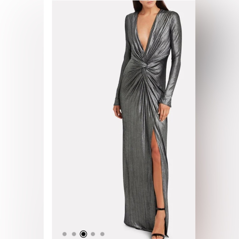 Katie May silver metallic plunge neck long sleeve gown - small